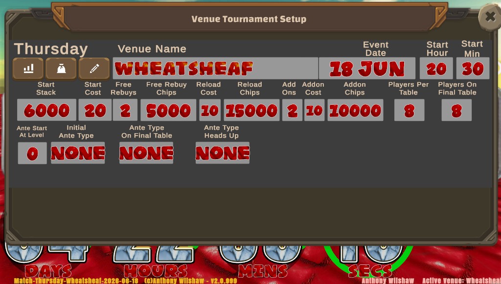 Holdem Buddy venue tournament setup for Wheatsheaf showing starting stack, rebuys, reloads, add-ons, and ante configuration