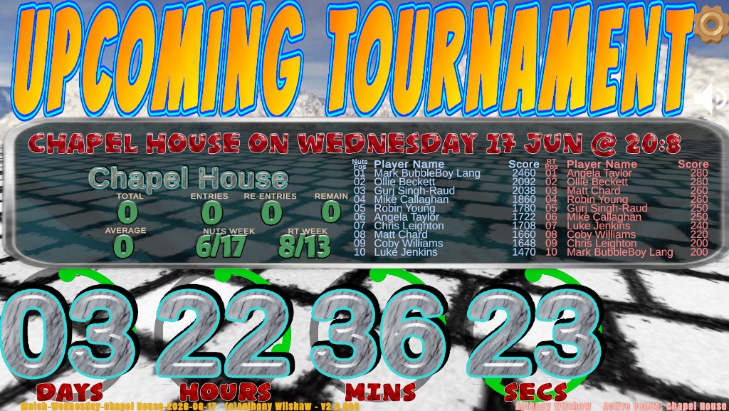 Holdem Buddy upcoming tournament display at Chapel House with countdown timer and live league positions in the browser
