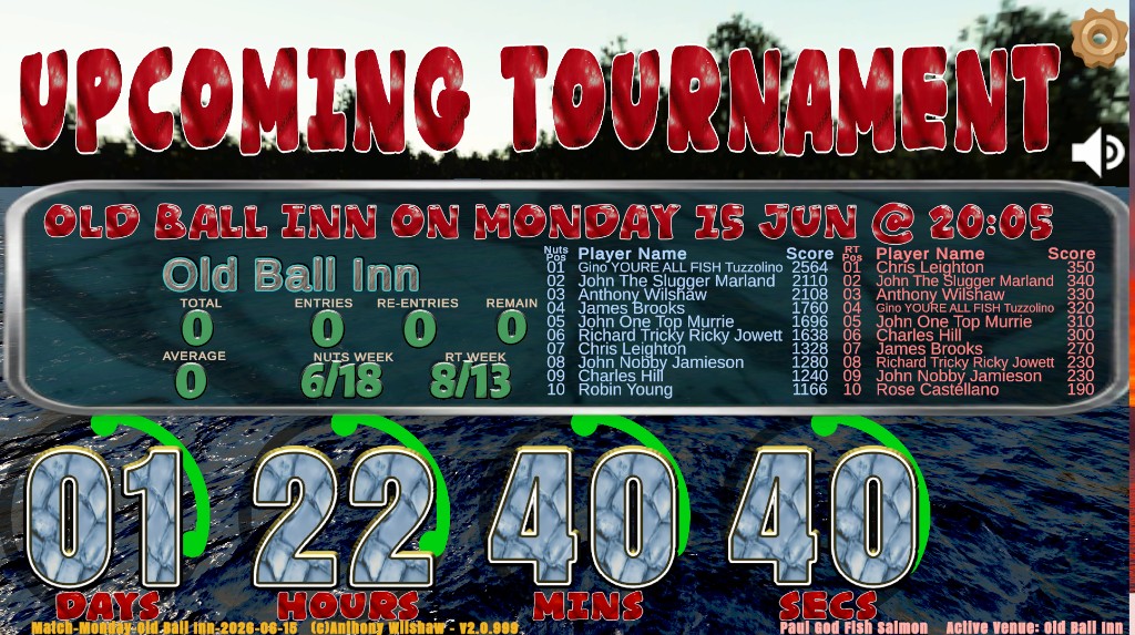 Holdem Buddy upcoming tournament display at Old Ball Inn with countdown timer, league standings, and venue stats on the big screen